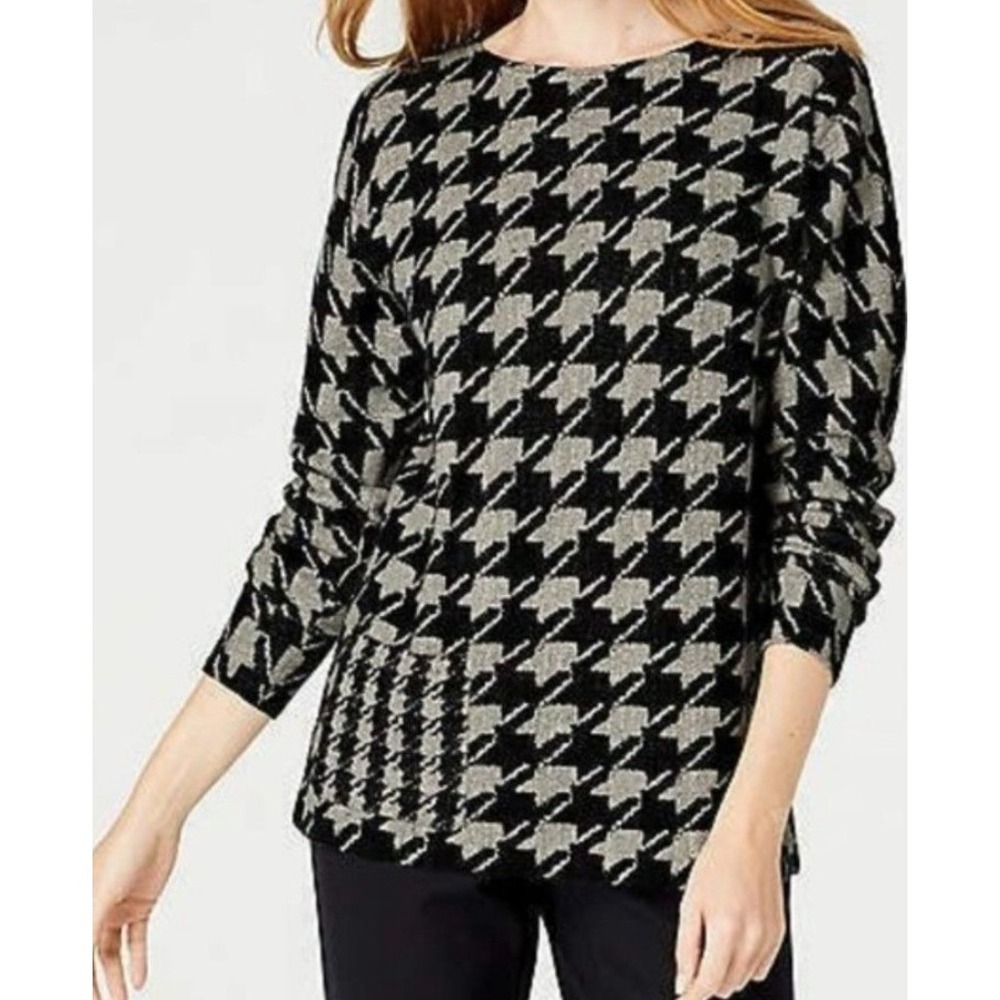 J Jill Women's Petite L Sweater‎ Black Gray Houndstooth Long Sleeve 100% Cotton